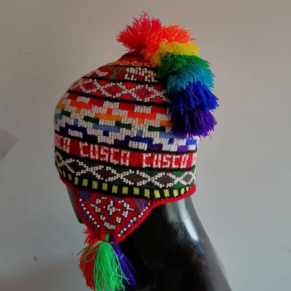 Chullo Unisex Knitted Wool Multicolored Beads Peruvian Crafts main image 5